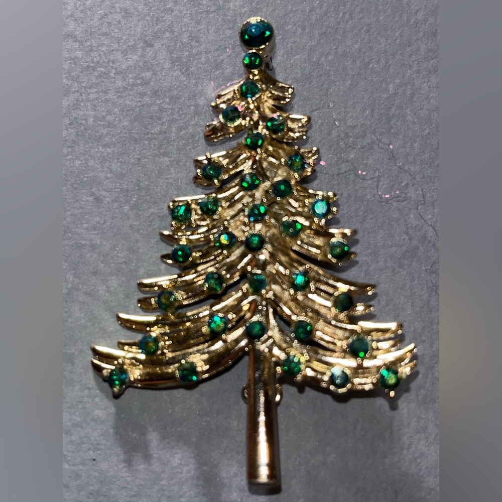 Elegant Gold and Green Christmas Tree Brooch